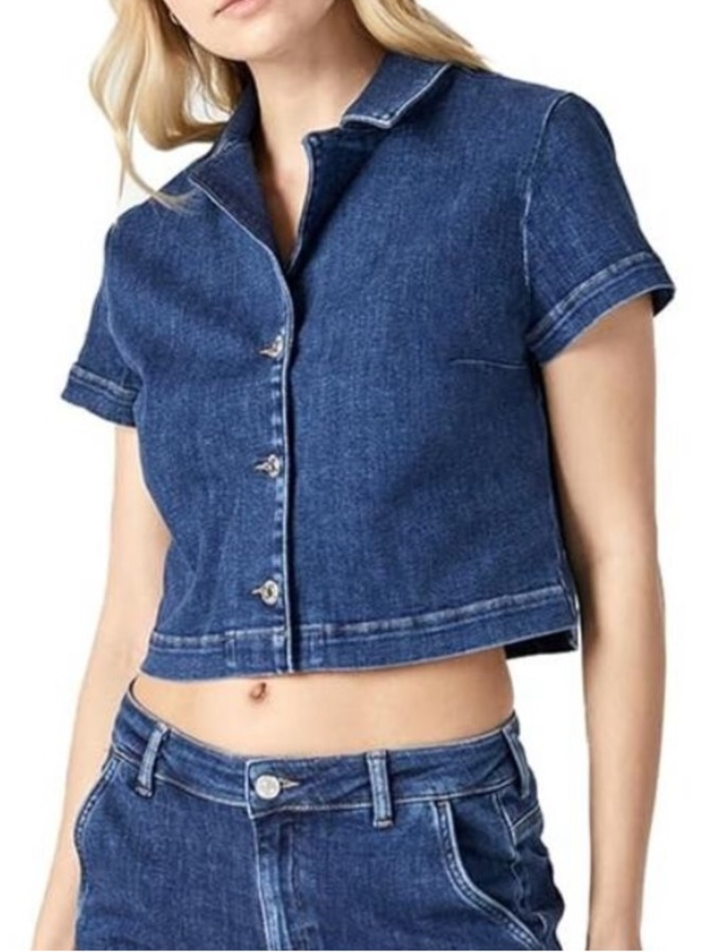 Rachel Zoe blue denim short sleeve button down top blouse Size M